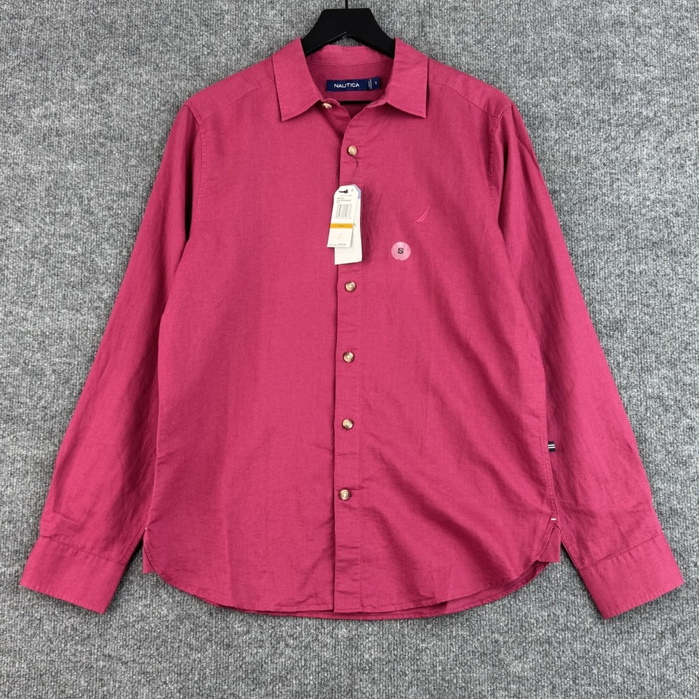 Nautica Button Up Shirt Mens S Crimson Red Linen Blend Logo Long Sleeve NWT